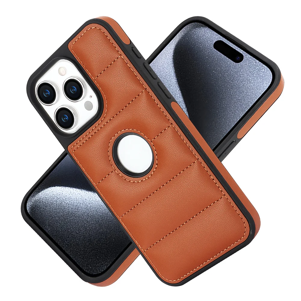 Faux Leather Cover for iPhone 15 14 13 12 11 Pro Max X XS XR 7 8 Plus SE 2020 2022 Logo Hole Puffer Down Jacket Soft Phone Case