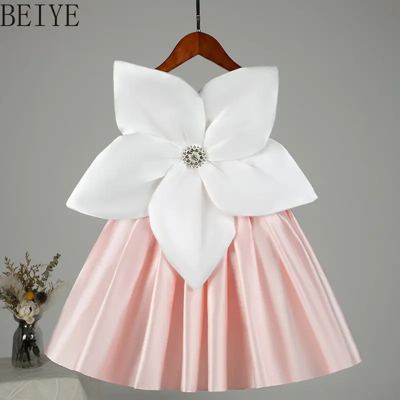 

Children's Princess Flower Wedding Dress Summer Pink First Birthday Princess Dress Baby Girls Big Floral Party Short Dress