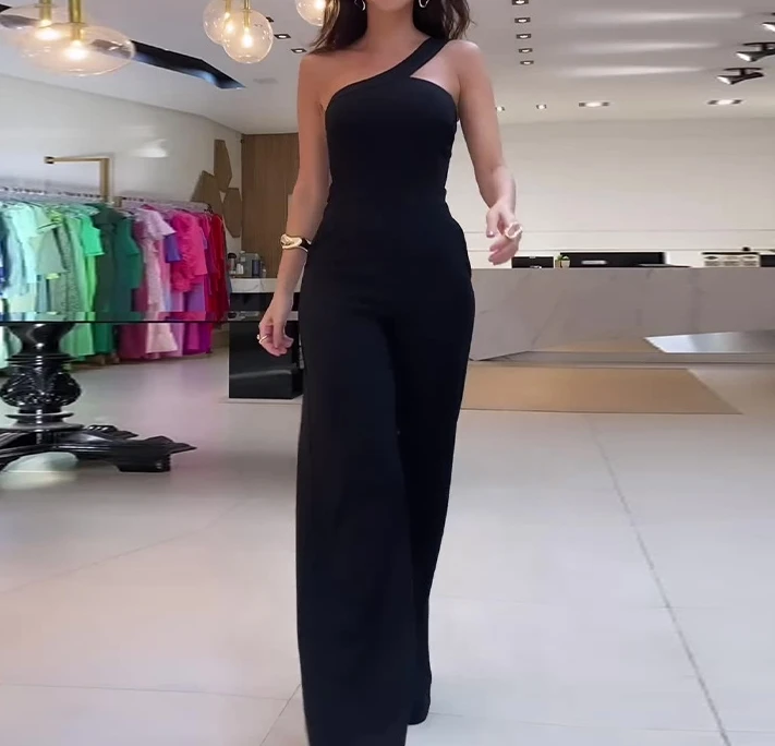 Summer New Jumpsuit with Fashionable Sloping Shoulder Collar and Waist Cinching Solid Color and Wide Leg Jumpsuit for Women