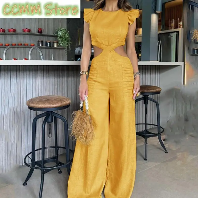 

Women Ruffled Short Sleeve Jumpsuit Summer Open Waist Wide Legs Romper Fashion Solid O Neck Hollow Out Loose Long Pants Playsuit