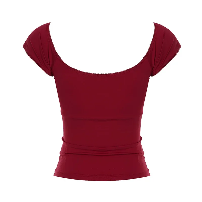 Y2K الأحمر أزياء الصلبة بسيطة الحلو النساء تي شيرت قصيرة الأكمام ضئيلة ساحة الرقبة شيك القوس السببية الأساسية البلوزات