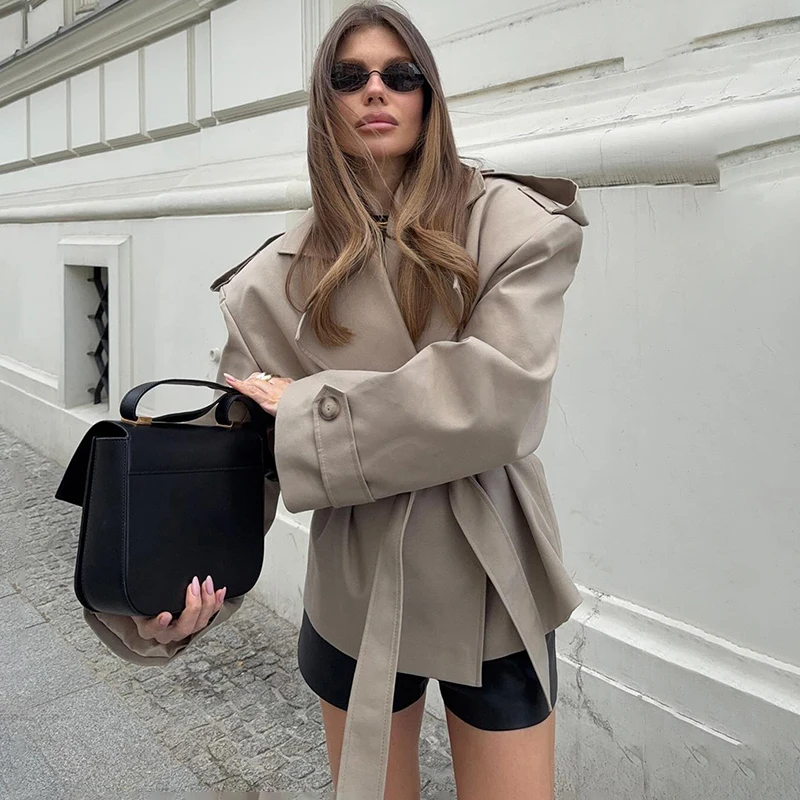 Tornova Khaki Long Sleeve Lace Up Jacket Coat Female High Street Lapel Waist-closing Outwear 2025 Fall New Casual Female jackets