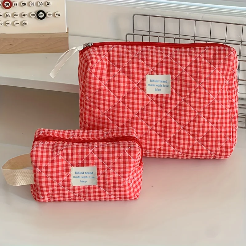 Plaid Makeup Bag Large Capacity Portable Cosmetic Bag For Women Girls Skincare Toiletry Bag Multifunctional Cute Wallet Pouch
