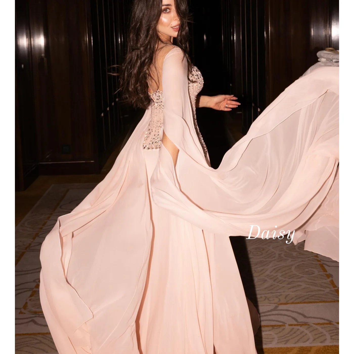 Luxury Evening Dresses Square Neck Sequined Prom Dress Chiffon Sequins Beaded Saudi Arabia Customized Wedding Party Dress image 2