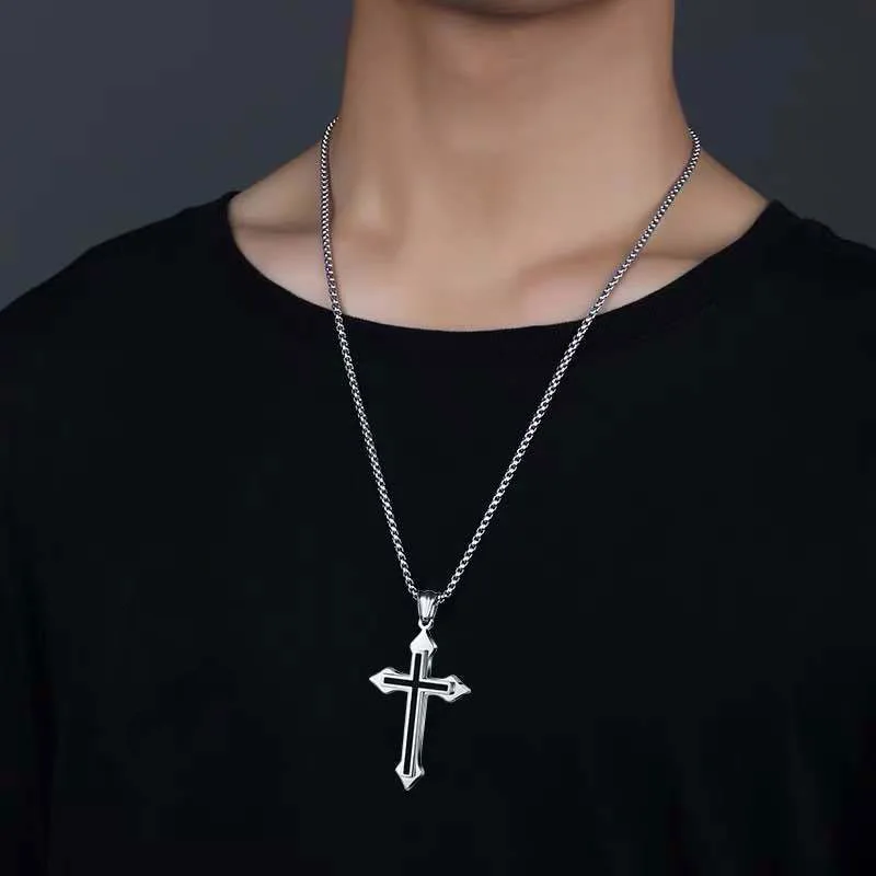 Vintage Gothic Hollow Cross Pendant Necklace Silver Color Cool Street Style For Men Women Gift Wholesale Neck Jewelry