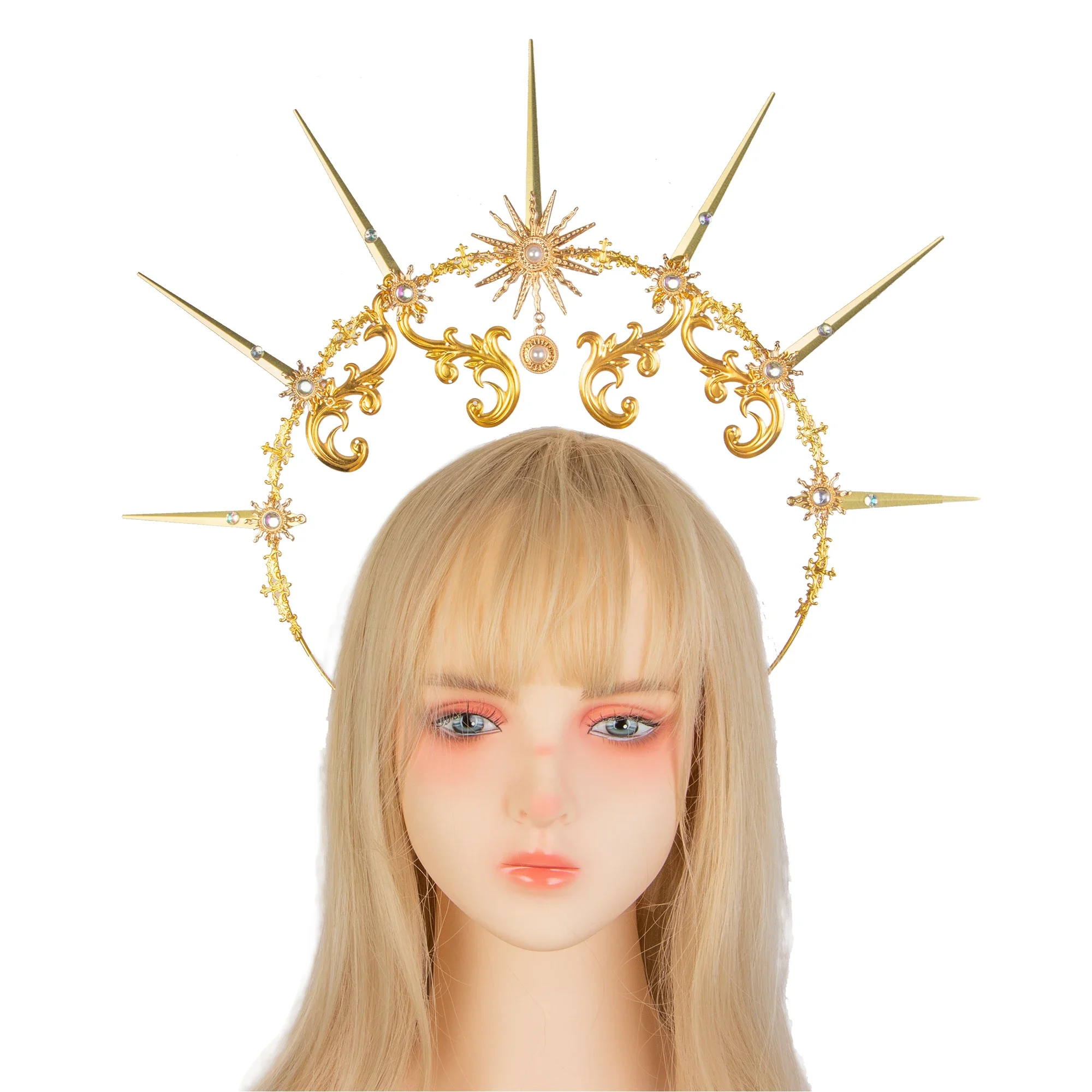 Goddess Gold Spike Halo Headpiece Gothic Lolita Girl Cosplay Sun Crown Necklace Headband Wedding Bride Party Accessoriess