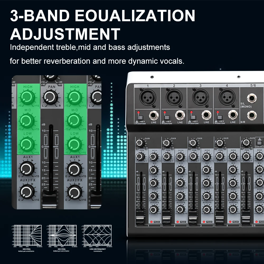 LEUS MX6 Channel 99 DSP Effect Audio Mixer Record PC 48V Phantom Power USB Sound Mixers Bluetooth DJ Console Mixing for Karaok