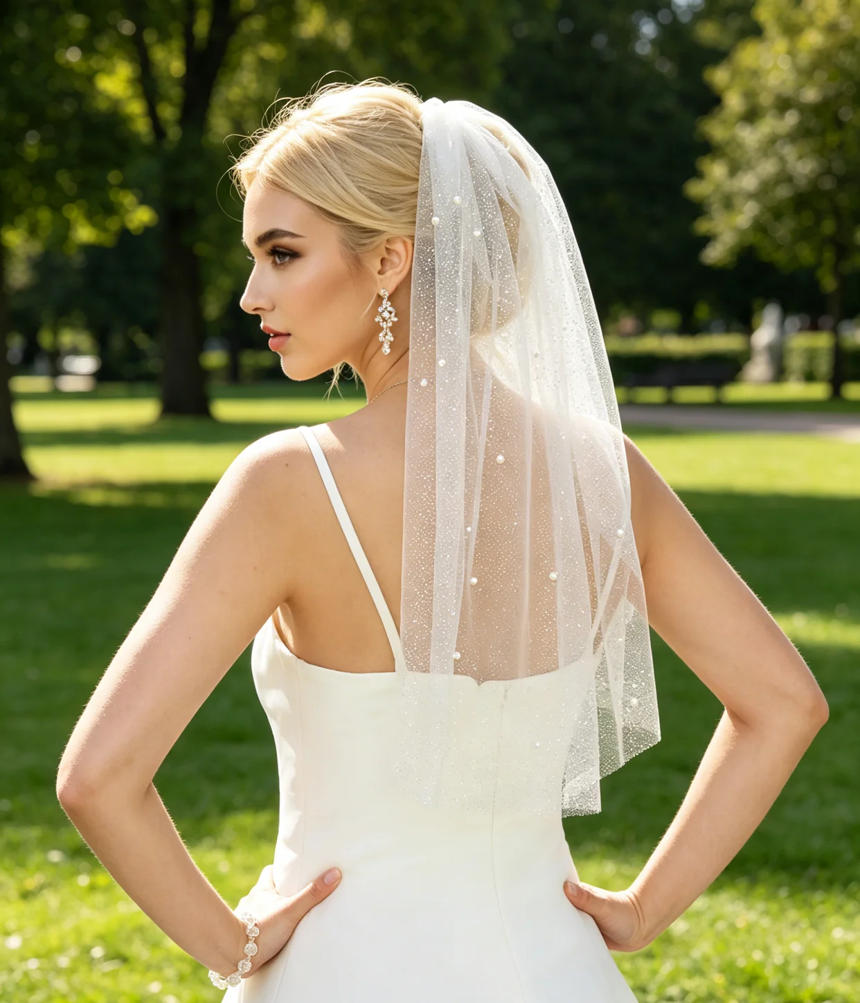 Sweet Short Sparkling Wedding Veil Handcrafed Pearl Beaded  Headwear Accessory with Comb for Wedding Photo Celebration G94