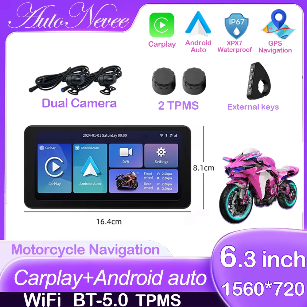 

Forefeel FOR Motorcycle Carplay Waterproof 1080P 6.3 Inch WiFi Wireless Android-Auto DVR Monitor Dash Cam GPS Navigation TPMS