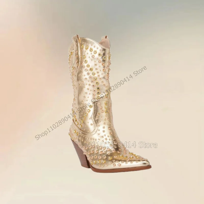 

Gold Rivets Decor Glitter Pointed Toe Boots Slip On Women Shoes Chunky High Heels Novel Fashion Party 2024 Zapatos Para Mujere
