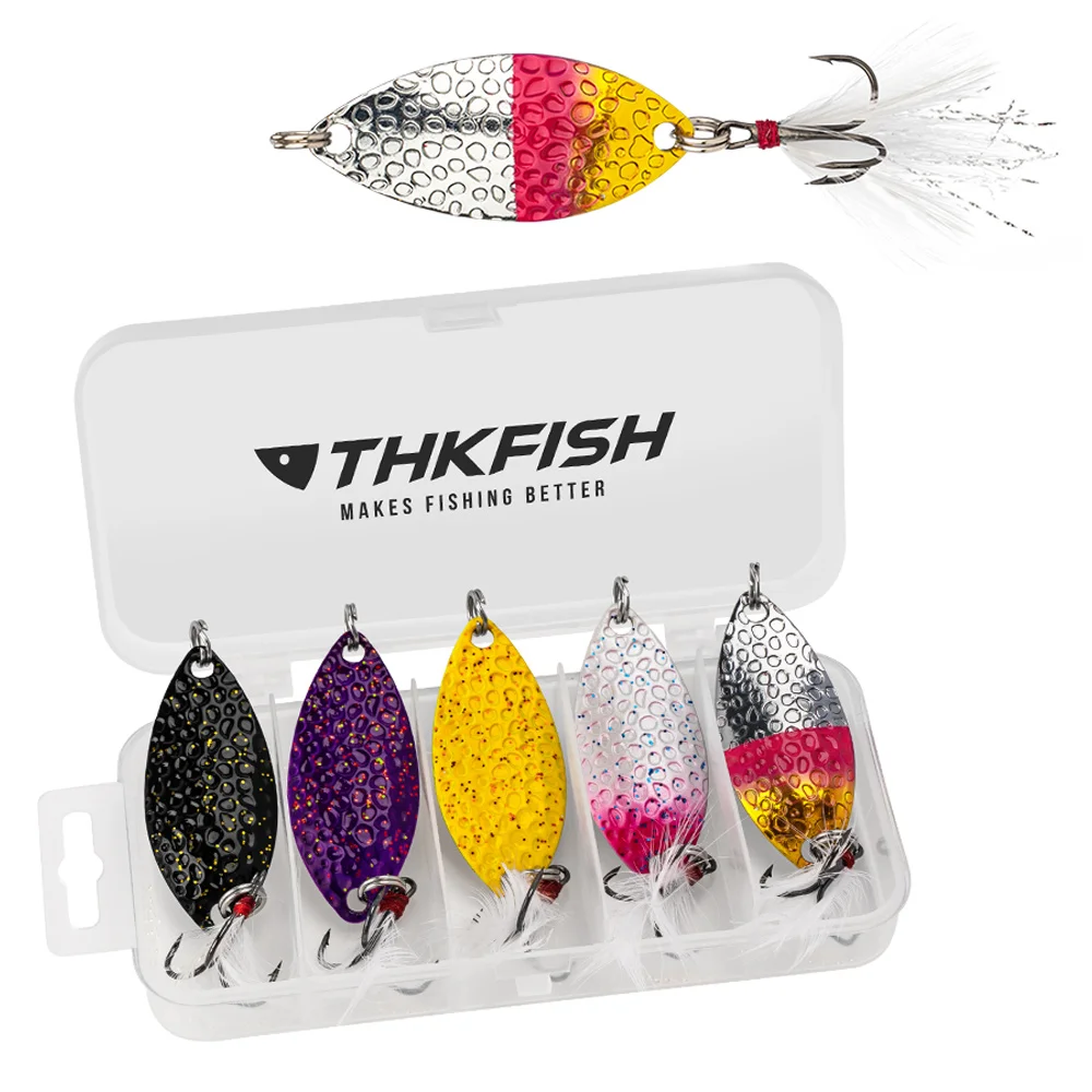 

THKFISH 5pcs Fishing Metal Spoon Lures 14g Spinner Sequin Spoons Lure With Feather Treble Hook Hard Baits For Trout Pike Fishing