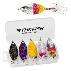 THKFISH 5pcs Fishing Metal Spoon Lures 14g Spinner Sequin Spoons Lure With Feather Treble Hook Hard Baits For Trout Pike Fishing
