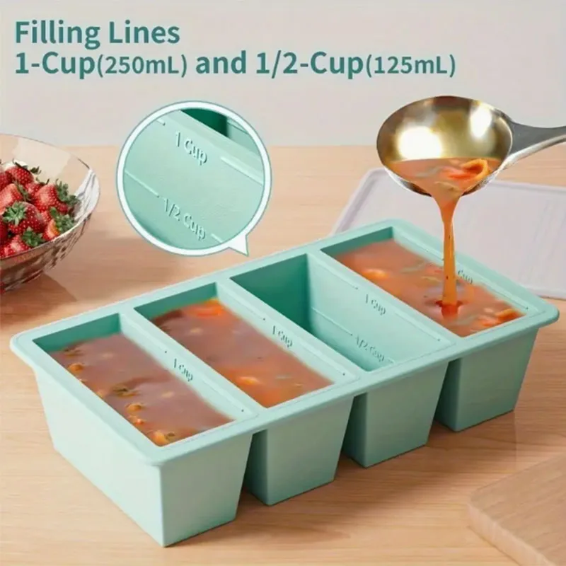 1pc Silicone Freezer Tray Soup 4 Cubes Storage Box Food Container Freezing Molds With Lid Frozen Packaging Box 4 Cells Organizer