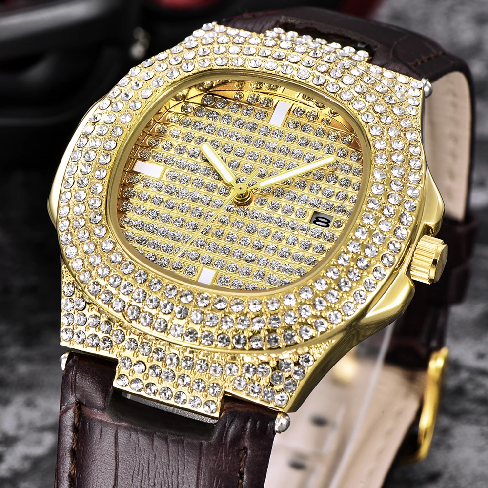 Men Big Brand Watches Fashion Leather Band Hip Hop Diamond Luxury Golden Date Quartz Vintage Watch Montres de Marque de Luxe