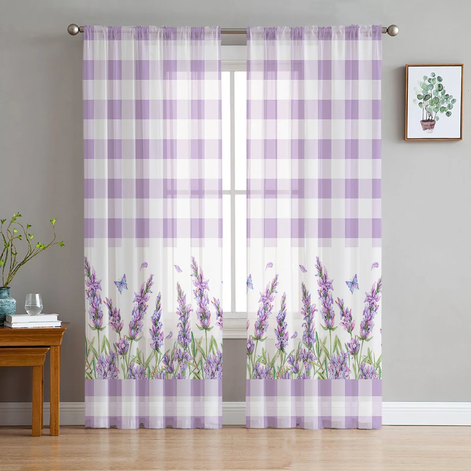 Lavender Flower Butterfly Purple Plaid Sheer Curtains for Living Room Decoration Window Curtain Kitchen Tulle Voile Drapes