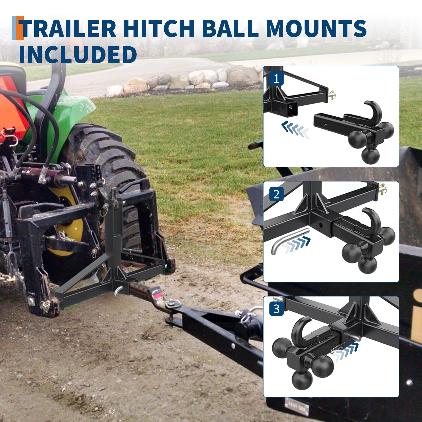 10,000 lb Heavy-Duty Cat 1 3-Point Tractor Hitch Receiver Adapter - 2in Receiver - 4-Way Tri-Ball & Tow Hook - Quick Hitch Compatible - Carbon Steel
