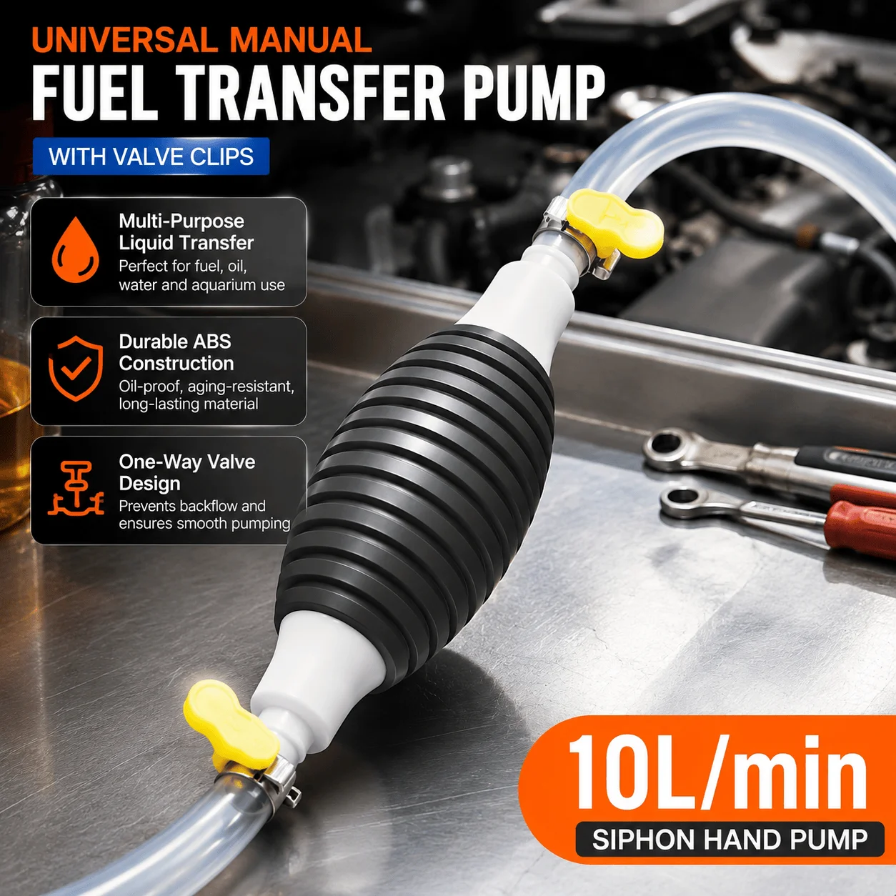 Manual Siphon Fuel Transfer Hand Pump Gas Diesel Petrol Liquid Emergency Car Boat Aquarium Portable Heavy Duty ABS One Way Valve