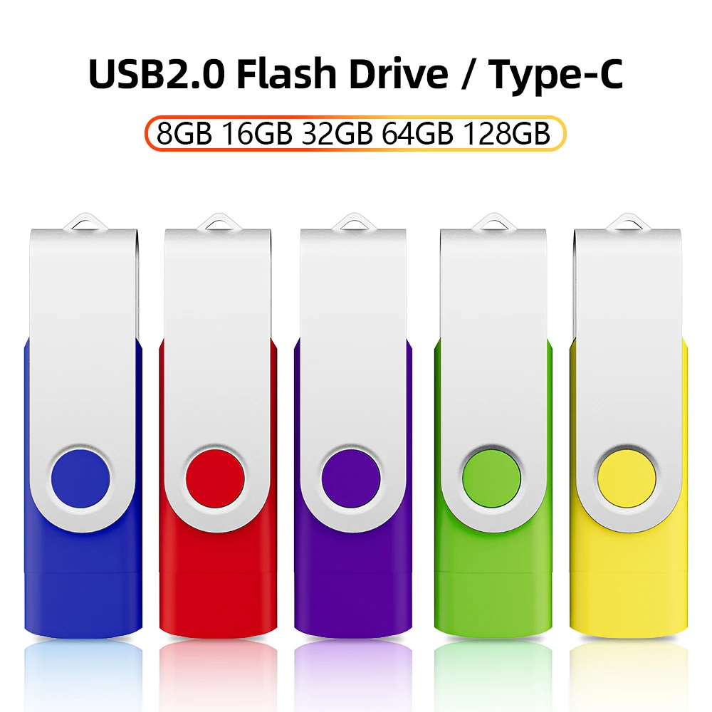 2 in 1 YPE-C 16GB Mobile Phone High Speed USB Flash Drive 128GB Purple Rotatable Pen Drive 64GB With Keychain Green 4GB 8GB 32G