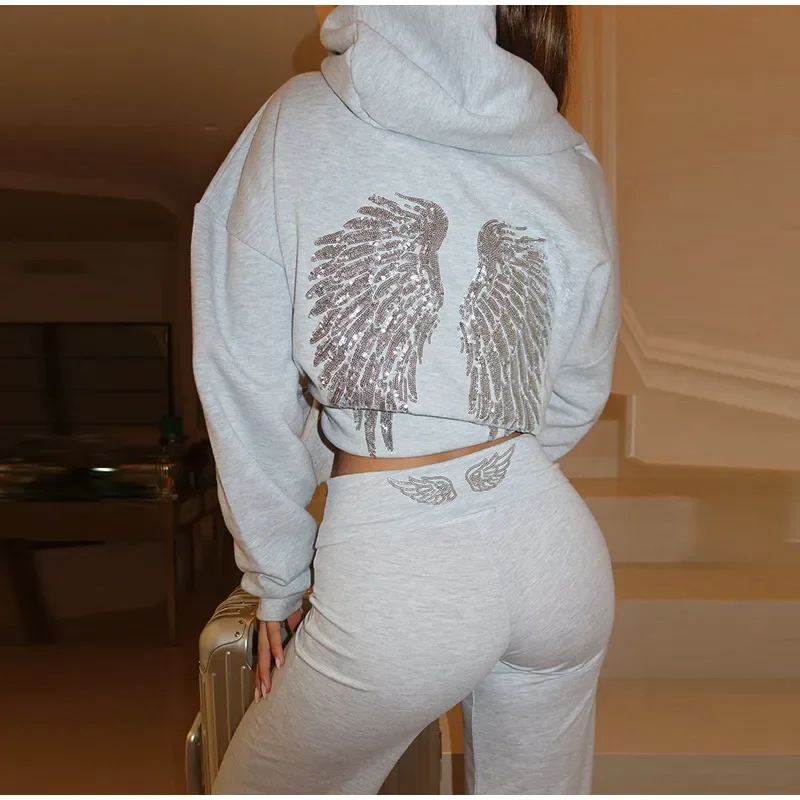 Y2K Vintage Shinny Sequin Angel Wings Pattern Hoodies Women Long Sleeve Tops Loose Jackets Sweatshirt Harajuku Pullover Clothes