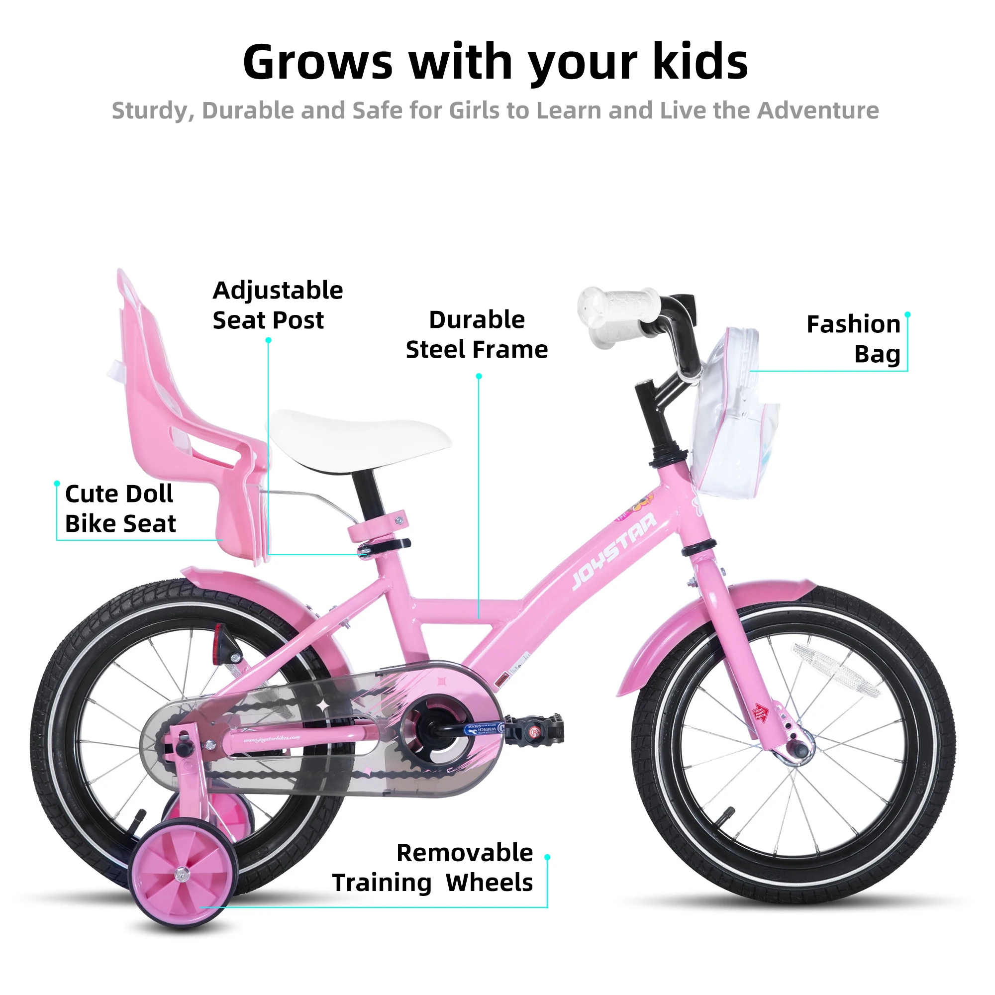 Joystar Bicicleta para niños de 14, 16 y 20 pulgadas para niñas de 3 a 10 años, bicicletas para niñas con ruedas de entrenamiento, serpentinas, cesta y asiento para muñecas