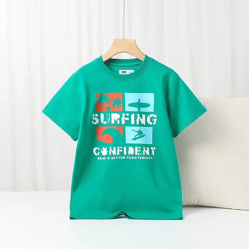 Новинка лета 2024, модная детская одежда в Корейском стиле, Пляжная футболка для мальчиков, топы с принтом из 100% хлопка для детской одежды