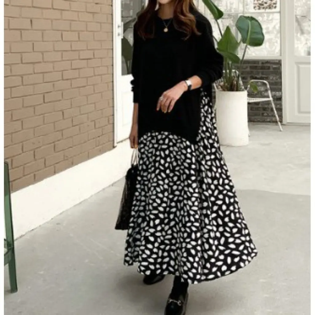 Large Size Long Sleeve T-Shirt Style Autumn Winter New Stitching Printed Dress round Neck Fake Two-Piece Long Dress for plus