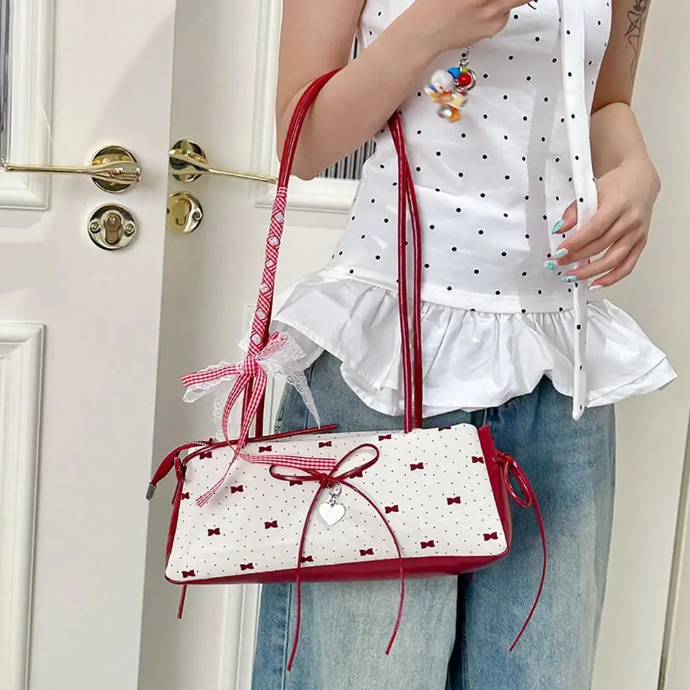 Sweet Style Texture Underarm Bags Bow Lace Shoulder Bag Daily PU Leather Handle Bag Commuter Temperament Advanced Shoulder Bag
