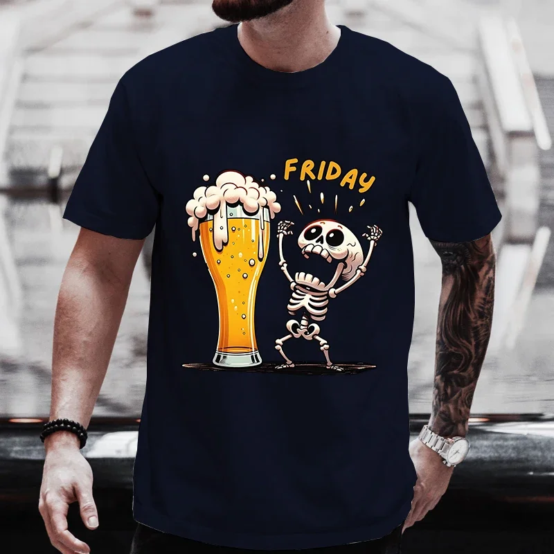 Men\'s T Shirt Skeleton Enjoying FRIDAY Beer Day Tees Men T-Shirt Finally Friday for Beer Lovers Male Clothes Short Sleeve Tops