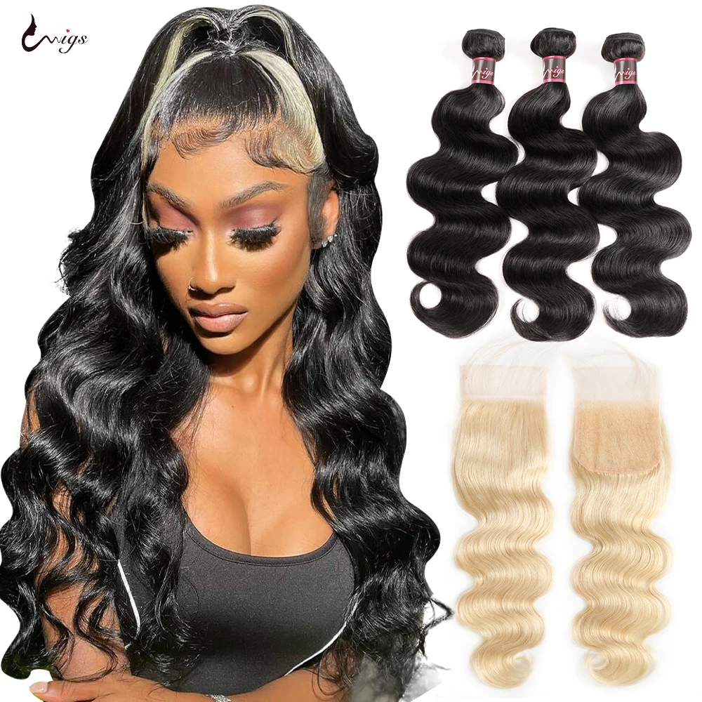 

Uwigs Body Wave Human Hair Bundles with Closure 613 Blonde 3/4 Bundles with Transparent Lace Closure Brazilian Remy Hair Bundles