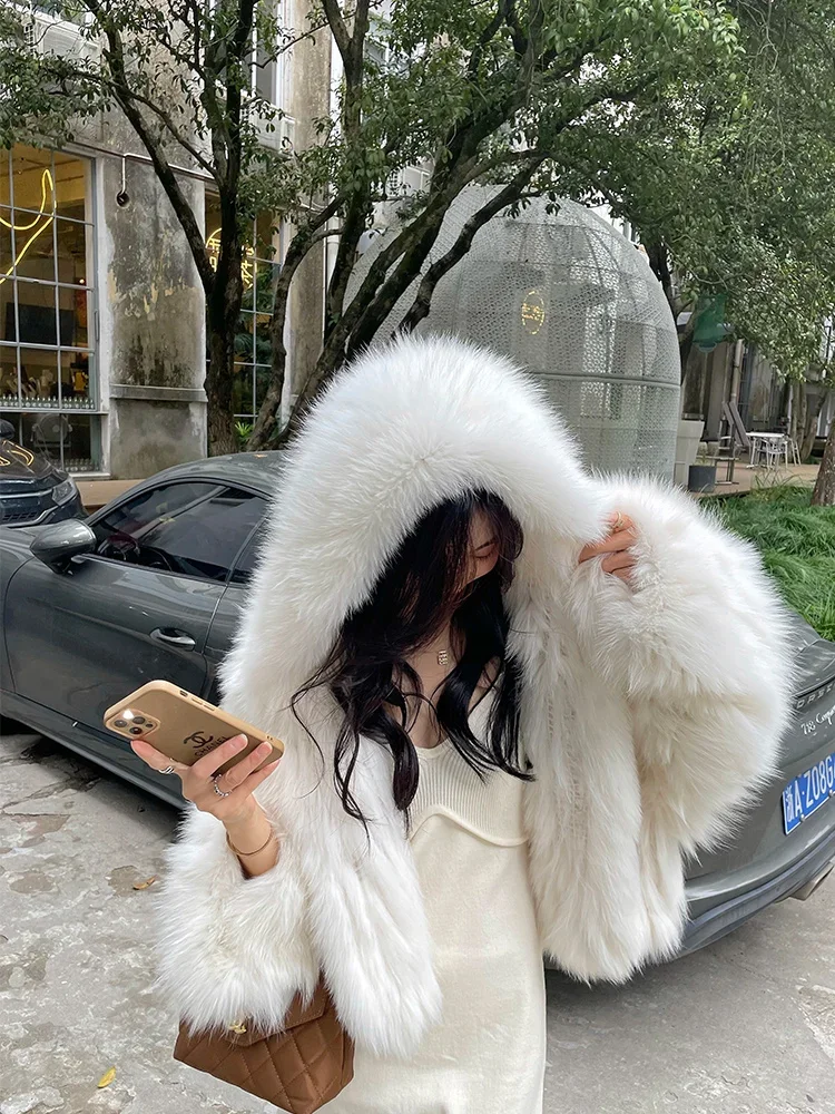 Real Fox Fur Double-sided Woven Coat Women's Clothes Hoodie Short Young Fashion Winter Jacket Thick Warm Fur Knitted High Street