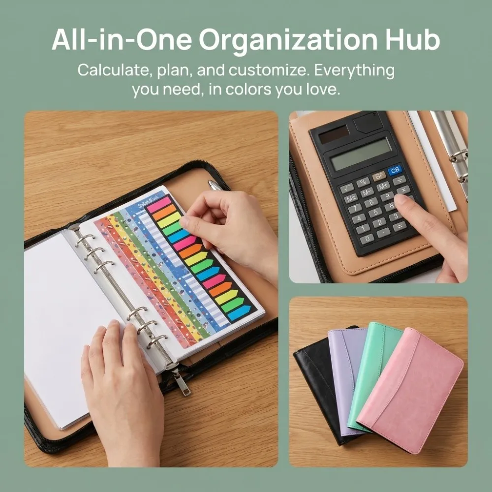 6-Ring File Folder A6 Card Holder Work Record Book with Calculator Zippered Closure Portfolio Binder Cover Office Supplies