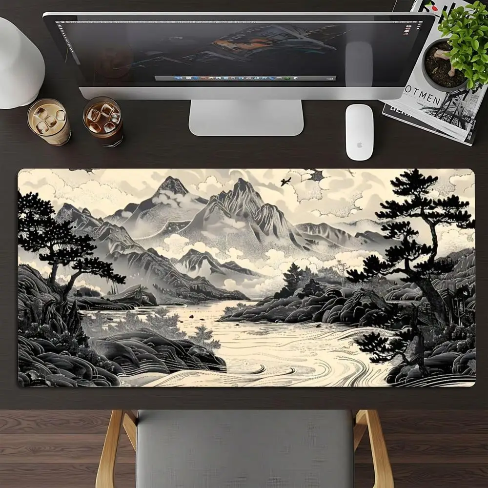 Large Asian Ink Mountain River Pine Tree Art Mousepad XXL Non‑Slip Rubber Deskmat Pc Game Keyboard Desk Mats Mouse Mat Gamer