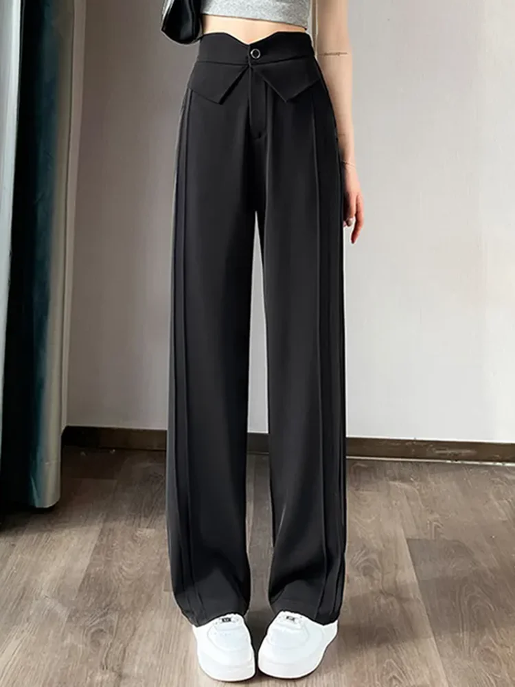 Chic Design Blue Baggy Straight Suit Pants Women Office Formal Elastic High Waist Wide Leg Pantalones Korean Loose Solid Calca