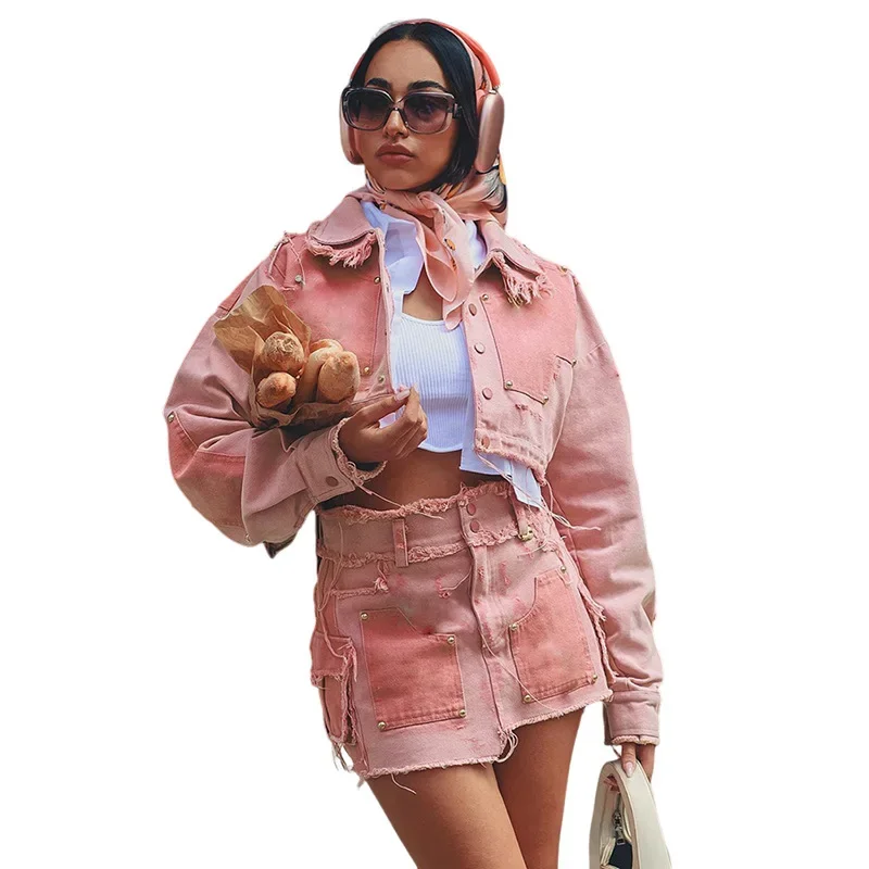 Two Piece Sets Women Full Sleeve Short Denim Coats Turn Down Collar Cardigan Solid Loose Spliced Cargo Skirts Set Autumn