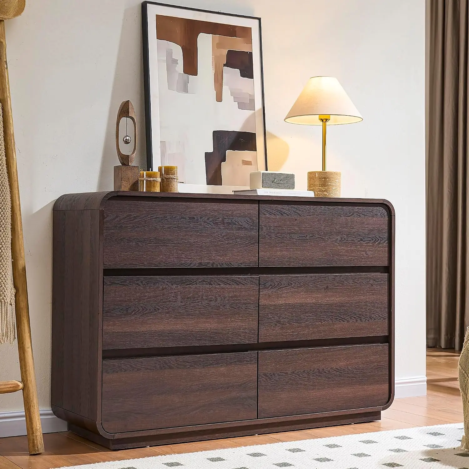 Walnut 6 Drawer Dresser, Curved Bedroom Chest With Deep Storage, 47 Inch Wide Closet For Clothes & Office, Customized
