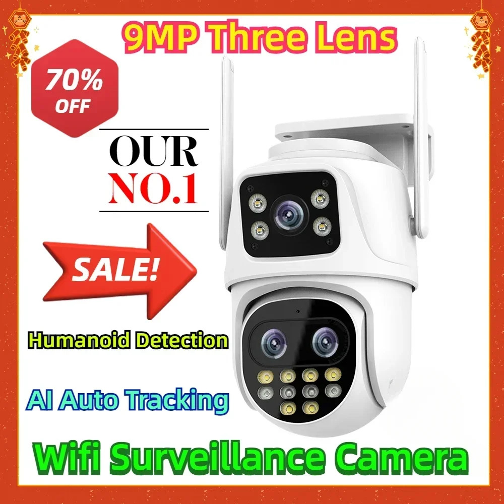 

Wifi Surveillance Camera Outdoor PTZ 9MP Three Lens AI Auto Tracking Humanoid Detection 4MP Security Camera