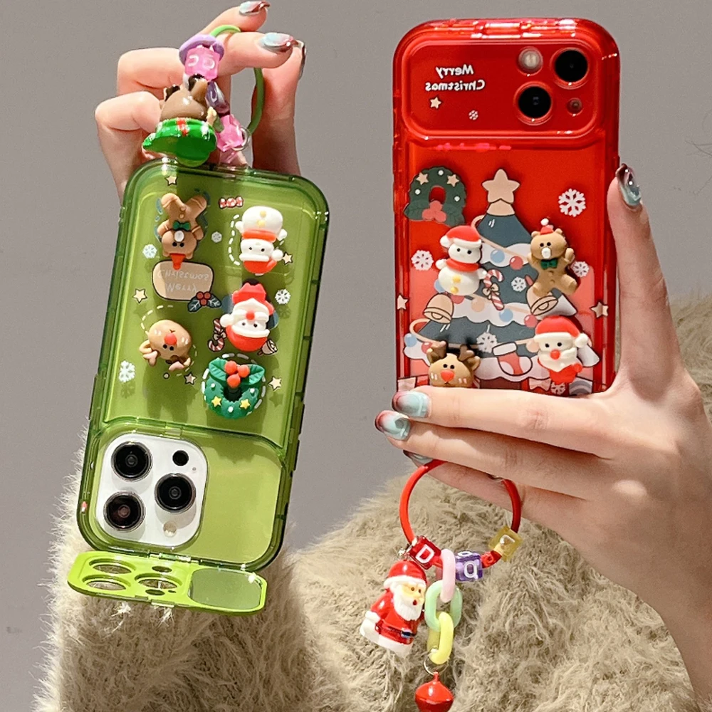 

3D Christmas Stand Holder With Bell Pendant Phone Case For iPhone 17 16 15 14 13 12 11 Pro Max Plus Santa Claus Keychain Cover