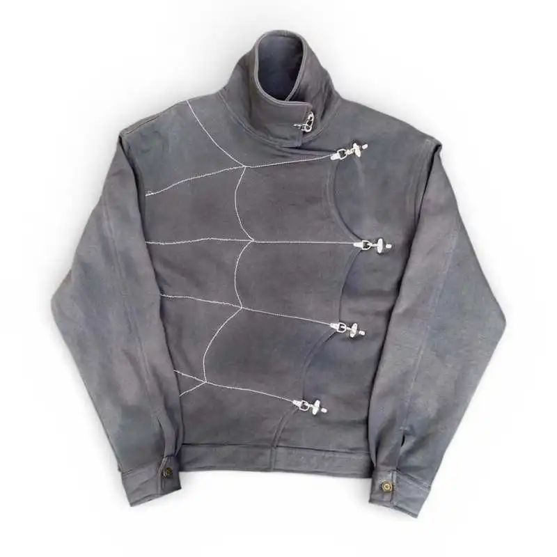 Y2K High Collar Jacket Spider Web Embroidery Metal Buckle Diagonal Placket Loose Streetwear Outerwear