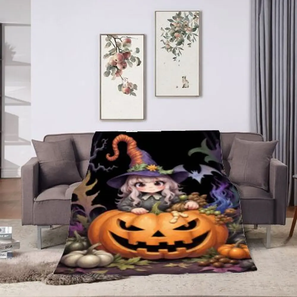 Linda bruja de Chibi en Grinning Jack-O'-Lantern: adorable decoración de Halloween de pelo morado, escena otoñal caprichosa con calabazas y