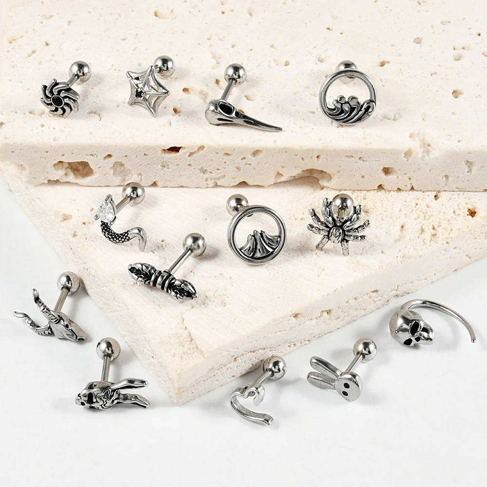 1PC 16G Stainless Steel Spider Rabbit Earrings Labret Lip Studs Punk Animal Cartilage Tragus Helix Ear Lobe Piercing Jewelry