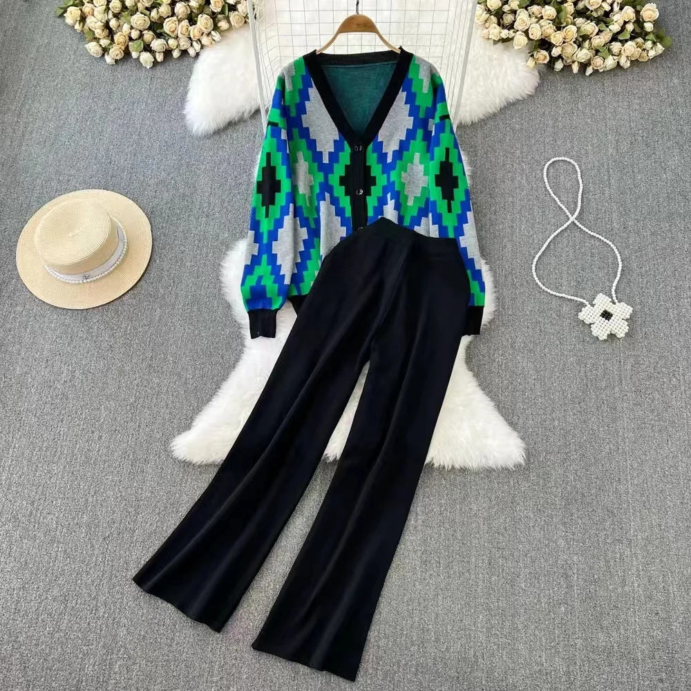 Fashion Set For Women Casual V-Neck Contrasting Knitted Cardigan Top Two Piece Set High Waist Hanging Pants Floor Length Pants