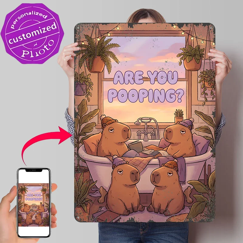 Are You Pooping? Funny Capybaras in a Bathtub 3D Printed Texture Poster Personalized Wall Art Retro Metal Tin Signs for Man Cave