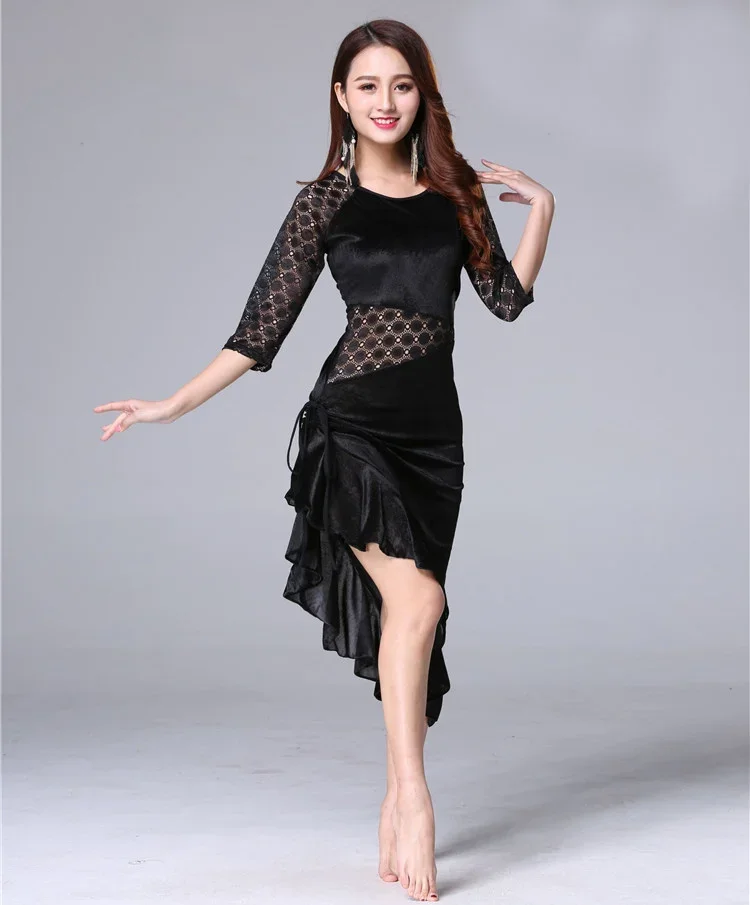 New Women Dance Wear Ballroom Dress Samba Costume Sexy Party Dresses Floral Lace One-piece Latin Dress