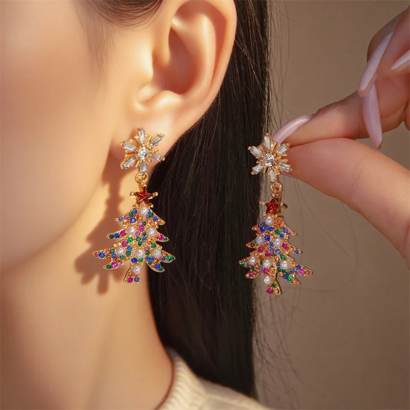 Boucles d'oreilles cloches de noël en strass pour femmes, Imitation de perles exquises, arbre de noël, étoile, bijoux de fête et de vacances