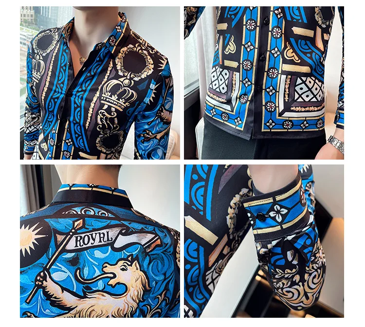 Autumn Luxury Print Shirts Mens Long Sleeve Shirt Men Business Casual Dress Slim Fit Social Shirt Streetwear Chemise Homme M-6XL