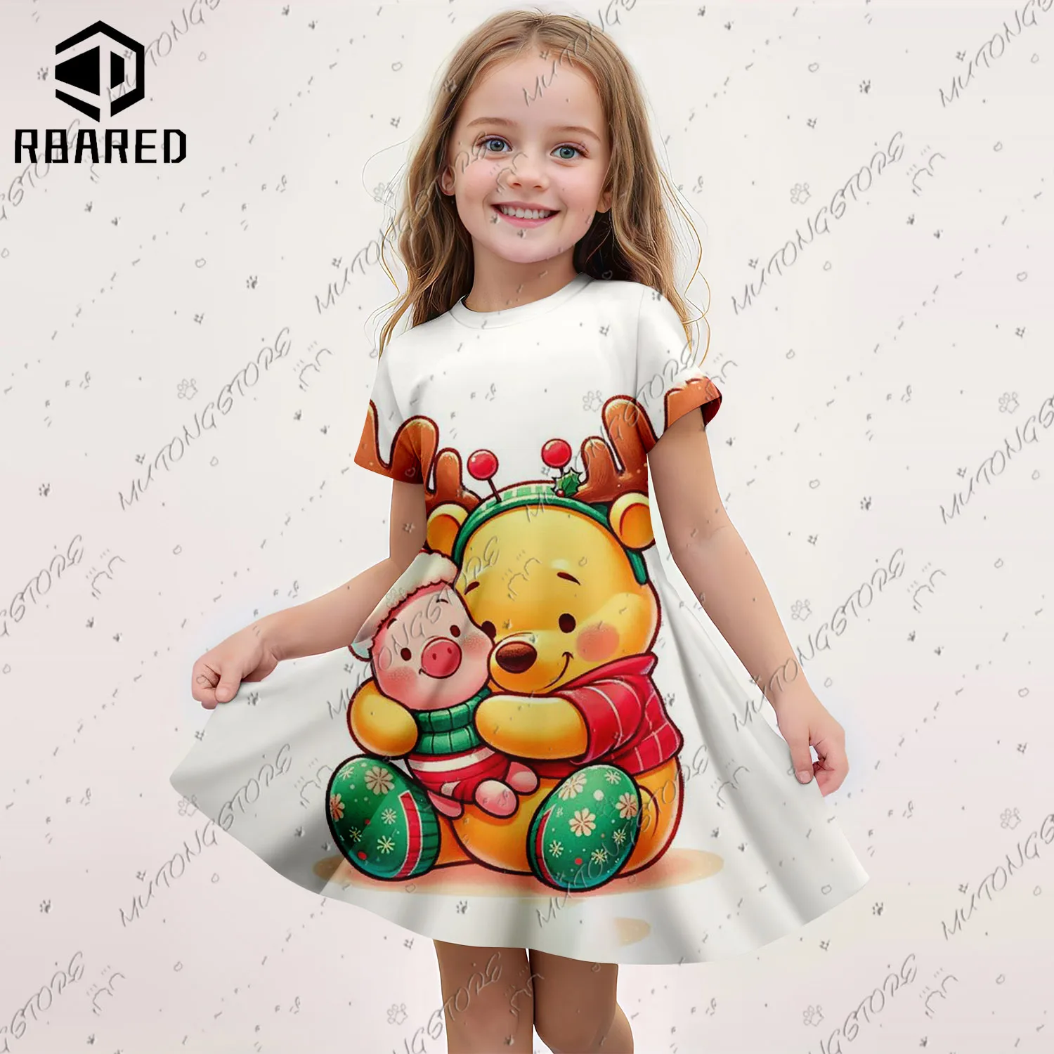 2024 New Summer Girls Short Sleeve Kids Dress Cute Winnie the Pooh 3D Print Skirt Children\'s Casual Cosplay Costume Nightgown