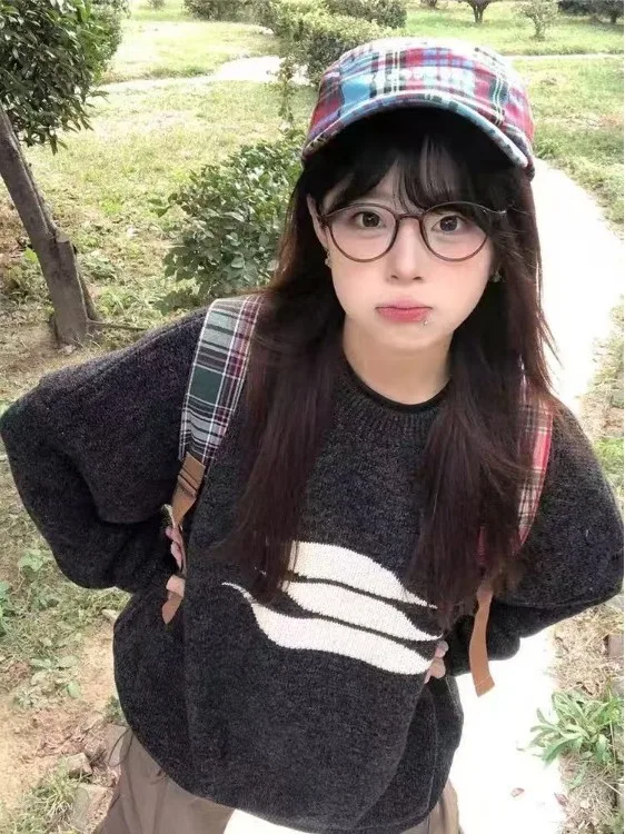 

Korean Sle Thiened round Ne Sweater Deep ey Women's Autumn Winter Lazy Faion Knitted Top plus Size Loose Fit