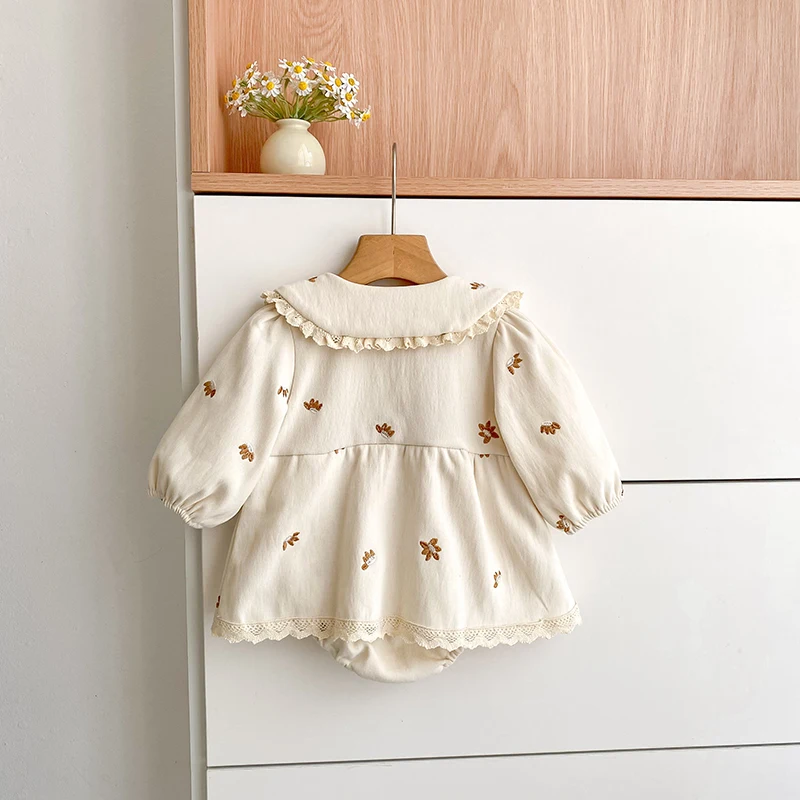Baby-Mädchen-Stramplerkleid, langärmelig, mit Spitze, Peter-Pan-Kragen, Blumenstickerei, Baby-Overall, Frühling/Herbst, Kleidung für Kleinkinder, 0–24 Monate. – Detail 1
