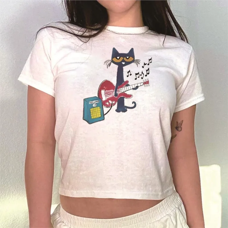Pete The Cat Playing Guitar Baby Tee Y2K Vintage Punk Coquette Graphic Print Tee Women Slim Fit Crop Tops Aesthetic Streetwear