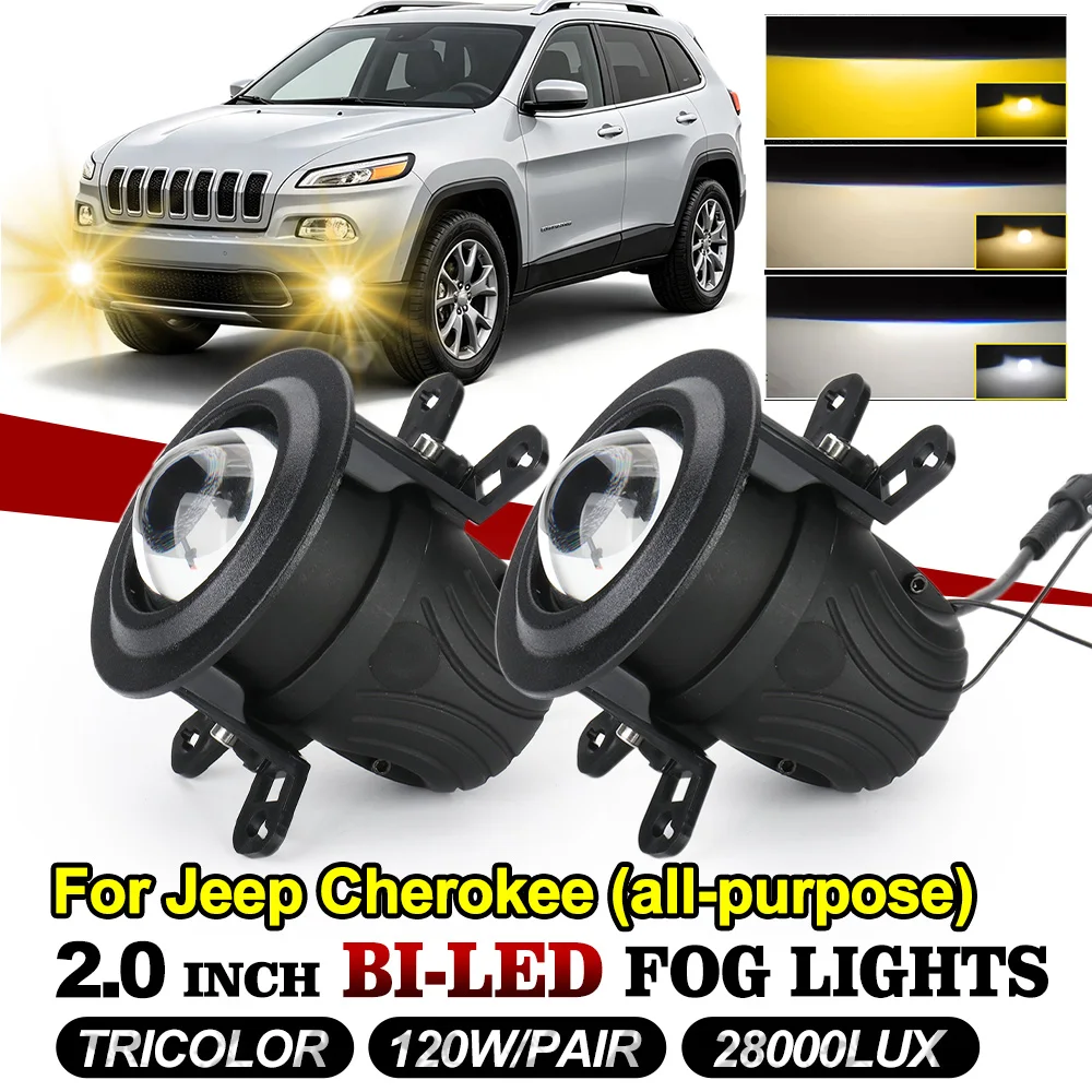 For Jeep Cherokee (all-purpose) LED Fog Light Dual Beam White Yellow Tricolor Spotlight Front Fog Lamp IP67 Waterproof